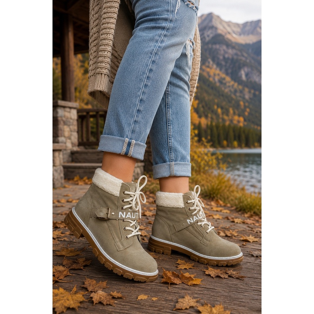 Nautica Ankle Boots Faux Shearling Lug Sole Hiking Streetstyle Tan Women's 10